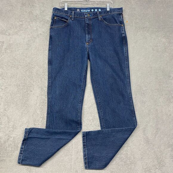 Wrangler Jeans Mens 36 Cowboy Cut Blue Denim Medium Wash Distressed 33 Inseam - Picture 1 of 12